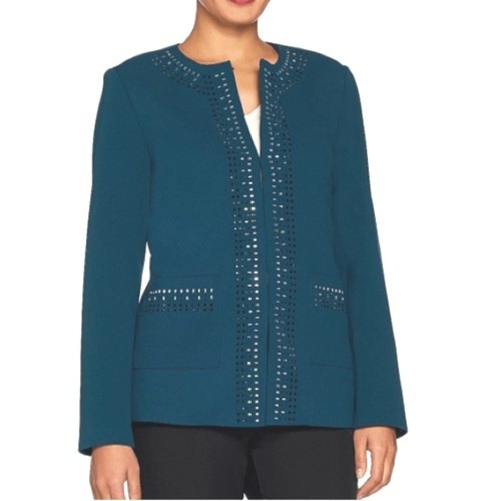 Dennis By Dennis Basso Teal Embellished Open Front Career Blazer Jacket Size 3X
